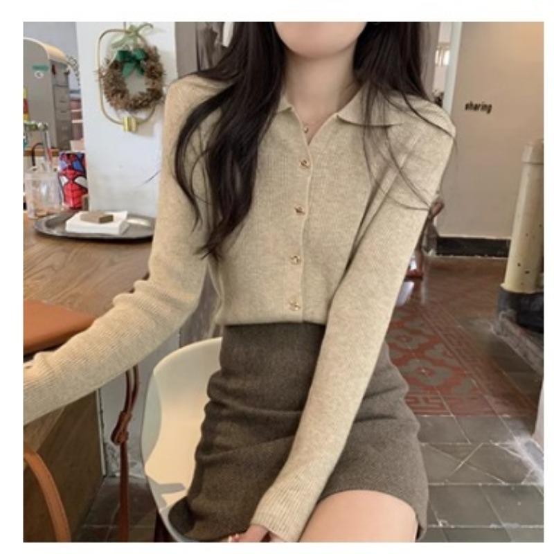 Women's Sweater V-neck Long Sleeved Knitted Sweater Autumn/winter Western-style Top Base Sweater