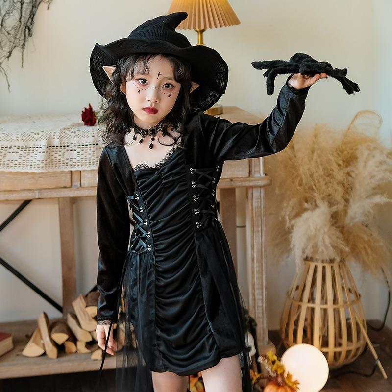 Halloween Children's Costume Dark Goth Witch Girl Dress Little Demon Children's Clothing Stage Walk Show Clothing