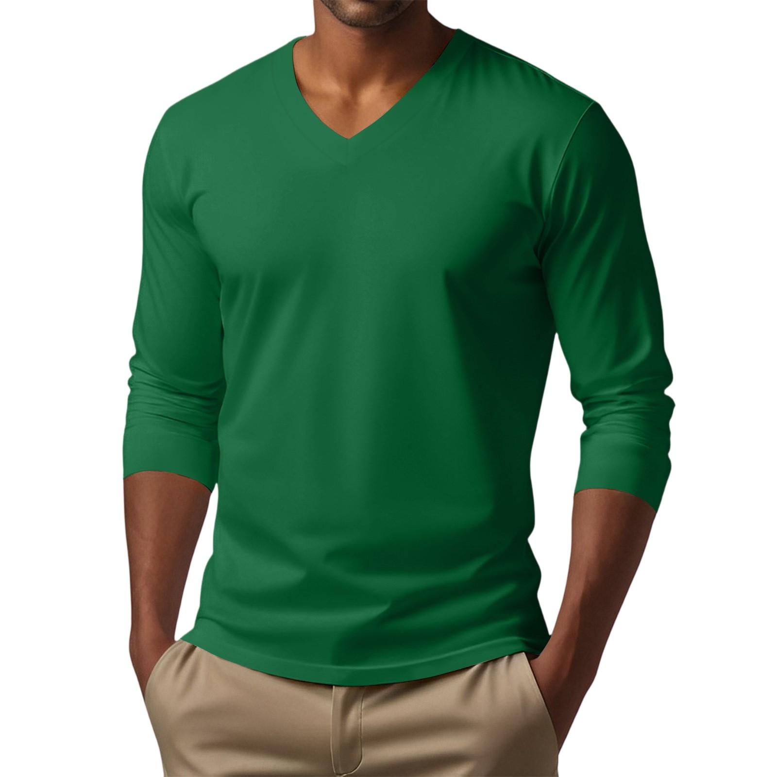 

Men s V-neck Casual Solid Color Long-sleeved T-shirt Top S зелений