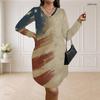 Women Plus Size V Neck Long Sleeve American Flag Printed Loose Curved Hem Dress