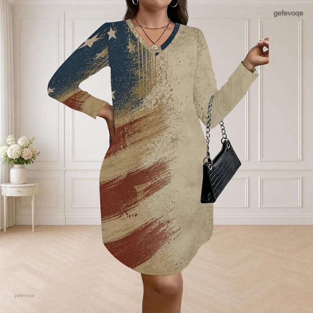 Women Plus Size V Neck Long Sleeve American Flag Printed Loose Curved Hem Dress
