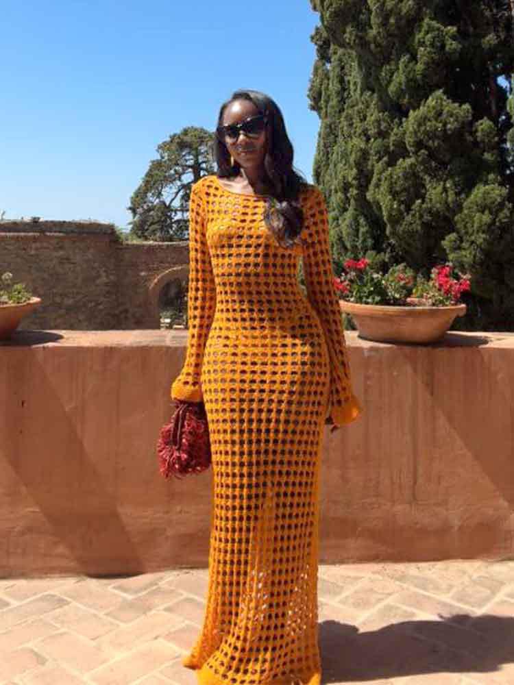 EDOLYNSA Sexy Cut Out Bell Sleeve Solid Knit Crochet Beach Maxi Dress 2024 Women Summer Chic Swimsuit Cover Up Elegant Party Outfit K23