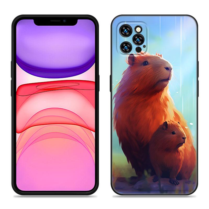 Cute Cartoon Capybara Phone Case For Apple iPhone 12 13 Mini 11 14 15 Pro Max 7 8 Plus X XR XS SE 2020 2022 Black Silicone Case