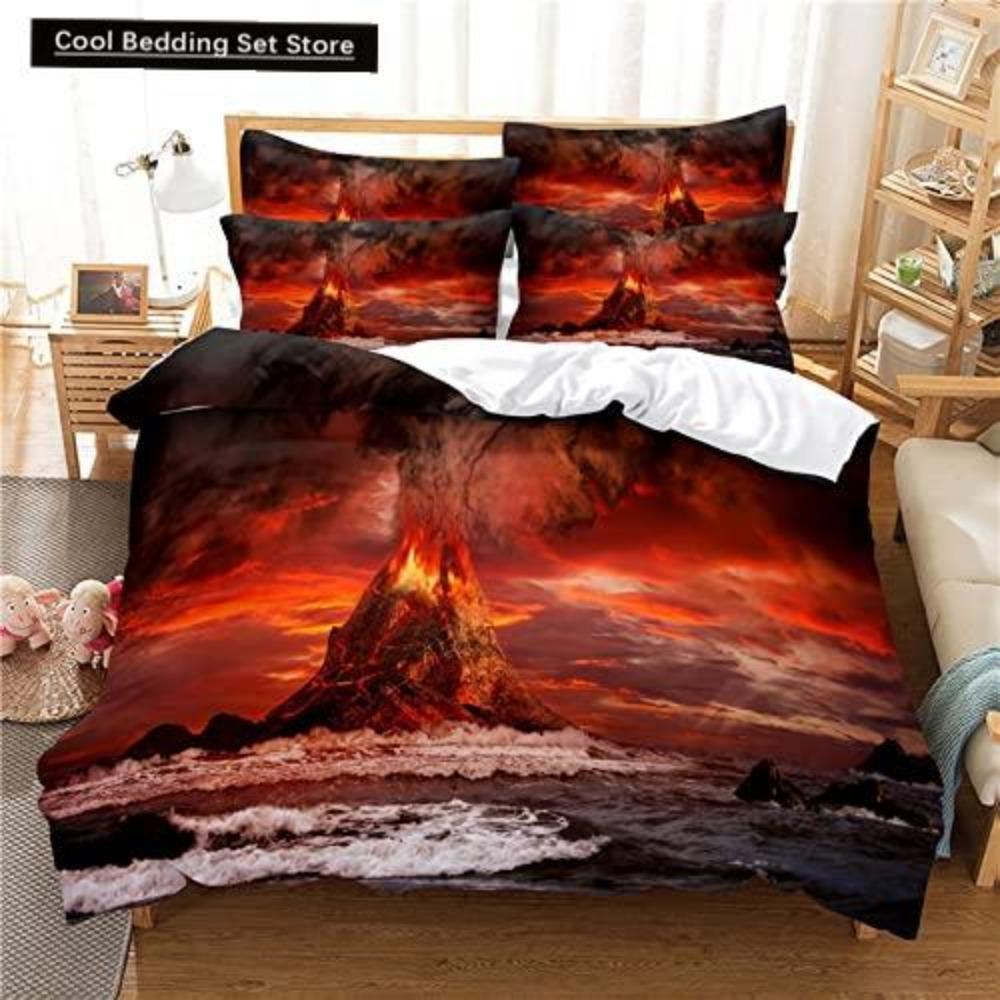 Volcano King Queen Duvet Cover Volcanic Eruption Bedding Set Fire Mountain Comforter Cover Natural Scenery Polyester Quilt Cover