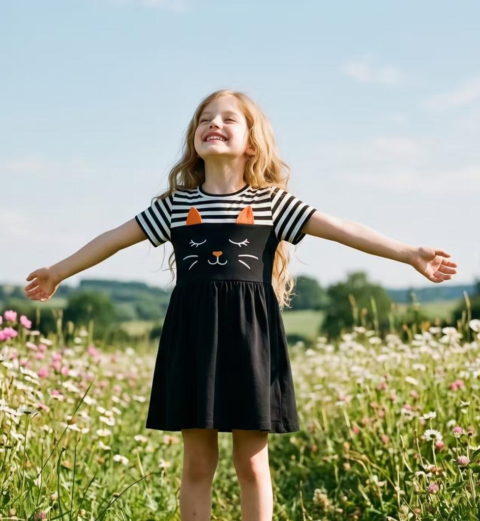 Girls Summer Lightweight Short Sleeve Dress with Cute Cat Print and Stripes