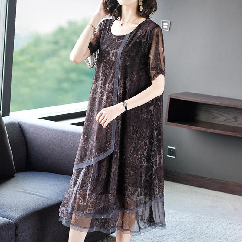 Elegant Fashion Leopard Printed Asymmetrical Dresses Summer 2025 Short Sleeve O-Neck Oversized Loose Midi Dress Women's Clothing