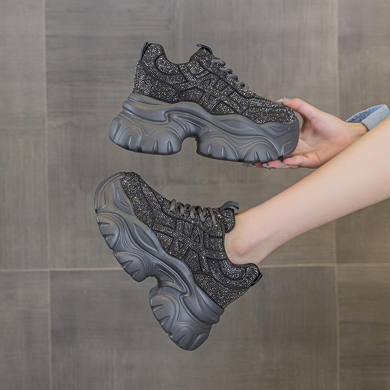 Thick soled dad shoes for women 2026 Spring and Autumn Water Diamond versatile casual shoes for women