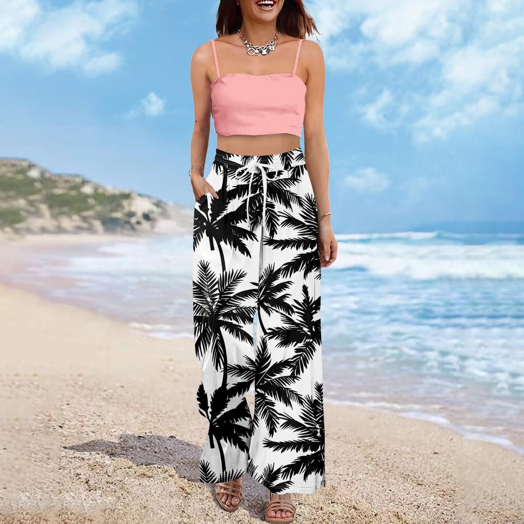 Dames zomer boho palazzo broek met hoge taille, wijde pijpen en bloemenprint, casual broek met zakken