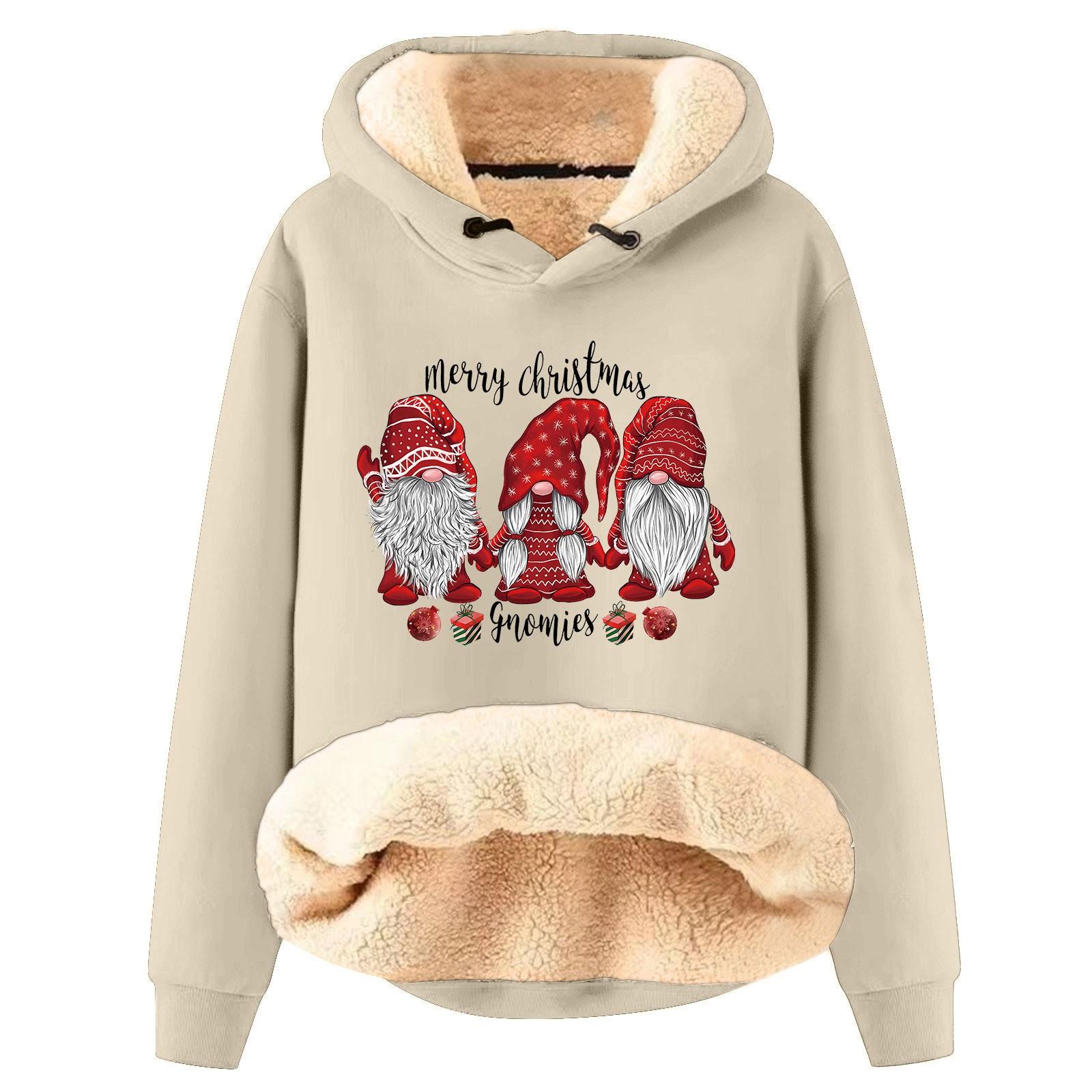 Женская модная толстовка с капюшоном и рождественским принтом утепленная свободная с капюшоном L бежевый 2298₽