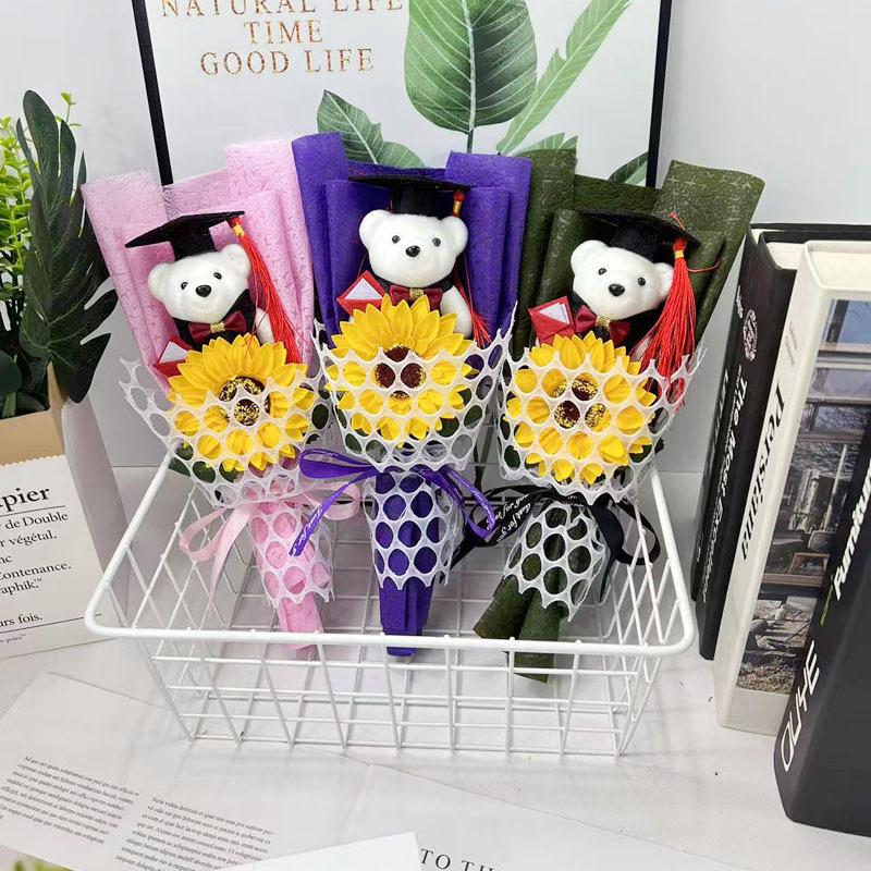 1Pc Graduation Bouquet Student Gift Crochet Flower Mini Party Decor DIY Little Bear Plush Toy Sunflower