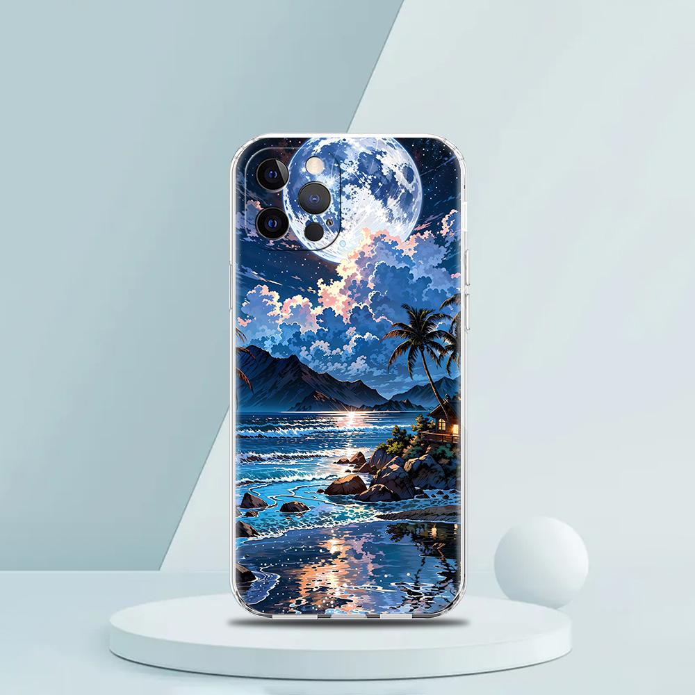 Soft TPU Transparent Phone Case for iPhone 16 15 14 13 12 11 Pro Max XR 8 7 Plus XR Starry Night Art Aesthetic Beach Night View