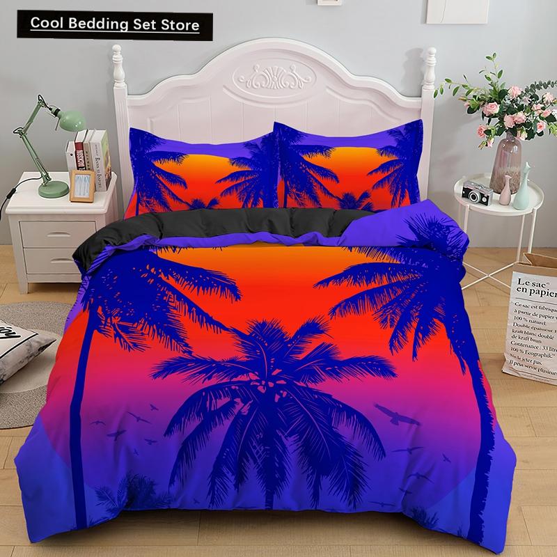 

Tropical Coconut Palm Tree King Queen Duvet Cover Hawaii Seaside Sunset Bedding Set Sunrise Plant 2/3pcs Polyester Quilt Cover EU single(135x200cm)