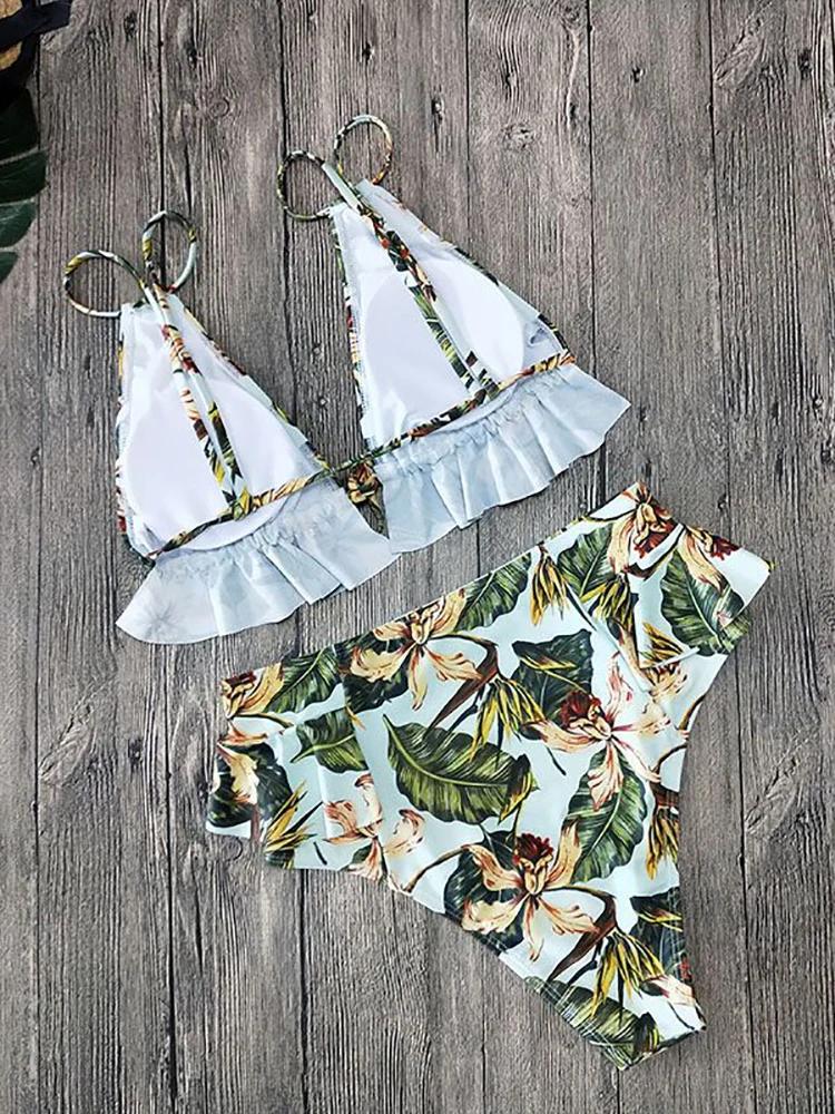 Fitshinling High Waist Bikini 2025 Woman Swimwear Ruffles Print Women's Swimsuit Summer Beach Separate 2 Pieces Bikini Sets Sexy