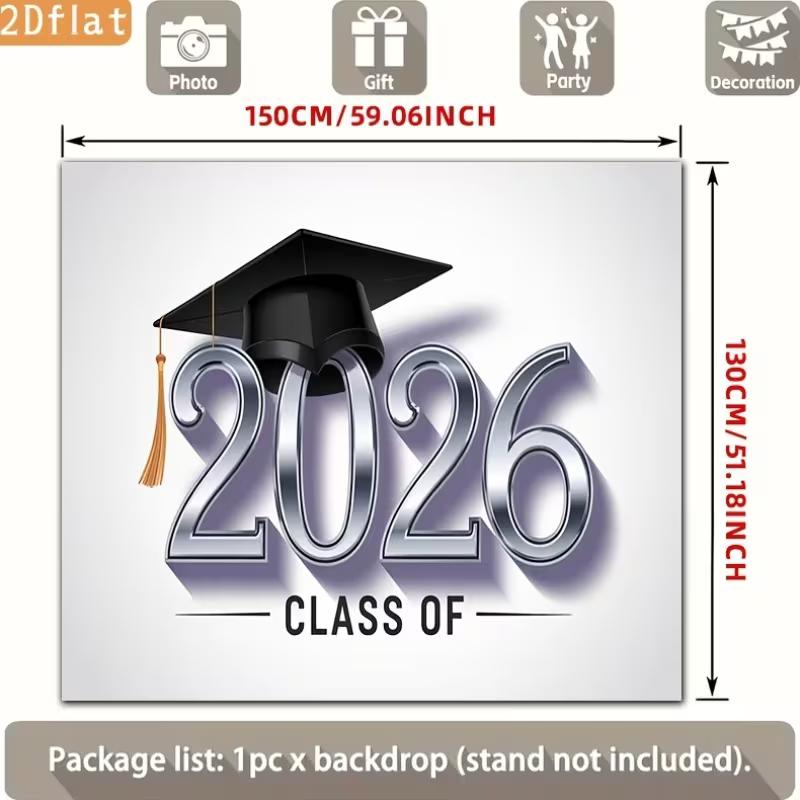 2D Class of 2026 Graduation Photography Backdrop Silver Metallic Number & Cap Party Background