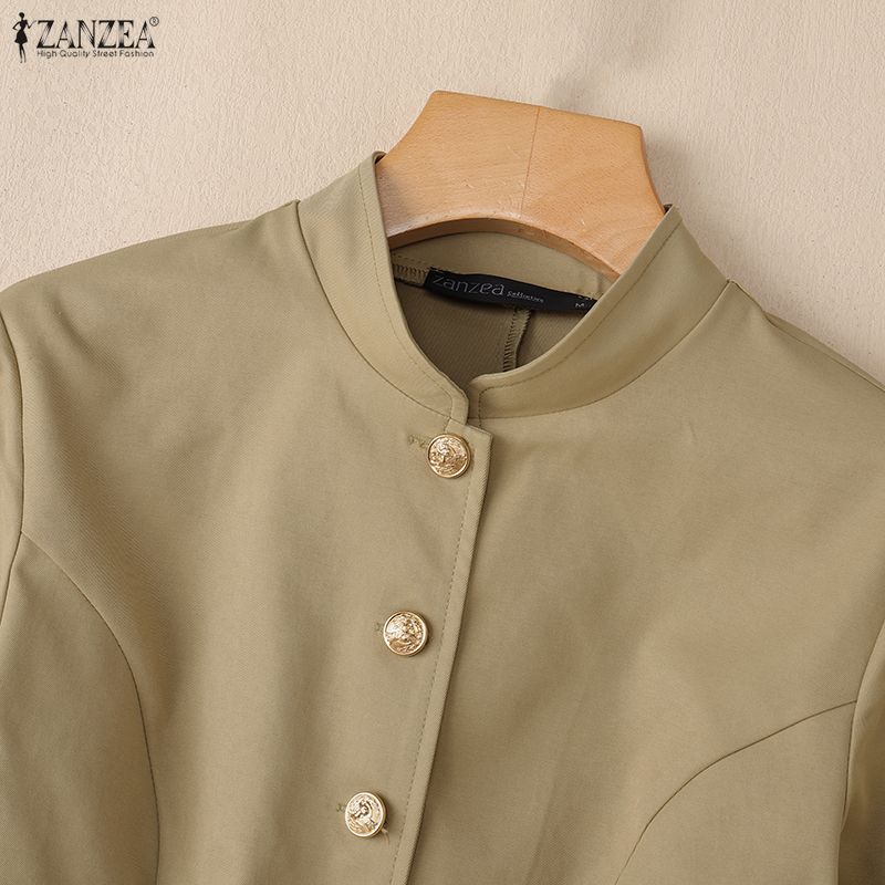 ZANZEA Blusa informal de manga larga con cuello alto y color liso para mujer