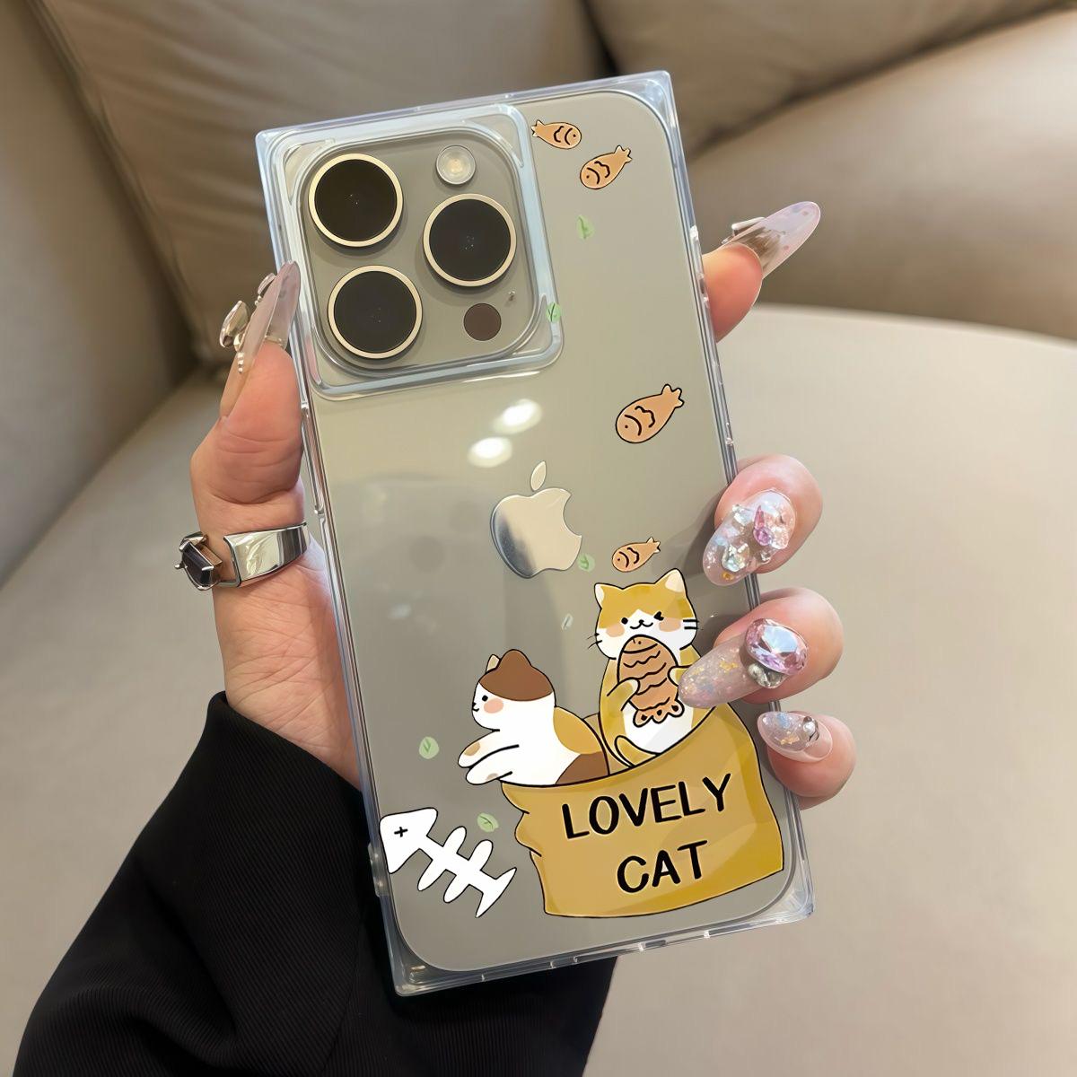 

Square Back Tube Protection Clear Case For iPhone 13 15 Plus 16 ProMax 14 Pro Max 12 11 Anti-Oxygen,Cats Eat Fish Pattern Casing iphone 11 ProMax