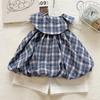 Girls Summer Preppy Blue White Plaid Bubble Hem Sleeveless Top And White Shorts Two Piece Outfit Set