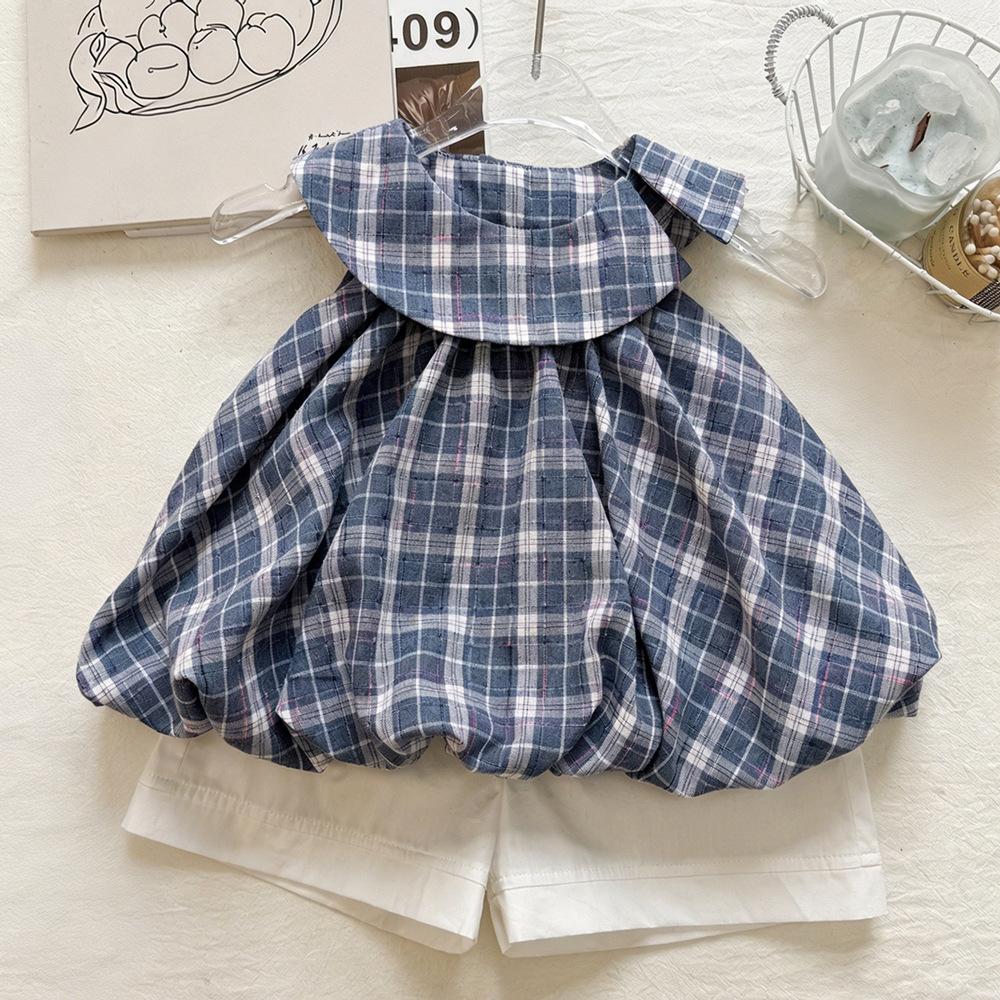 Girls Summer Preppy Blue White Plaid Bubble Hem Sleeveless Top And White Shorts Two Piece Outfit Set 90cm