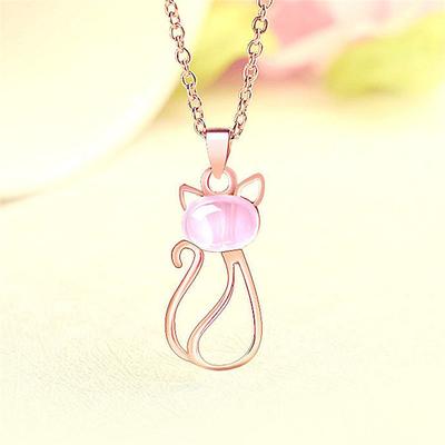 Natural Ice Pink Ross Quartz Cute Cat Crystal Pendant Trendy Gem Necklace for Woman Elegant Cham Girl's Party Gifts Jewelry