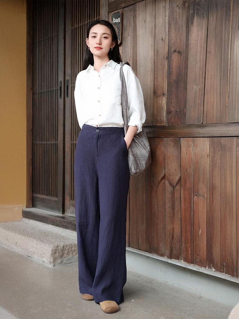 Lu & Andi Women's Spring Han Hemp Wide-Leg Pants - New Chinese Style Slimming Drape Straight Leg Casuals