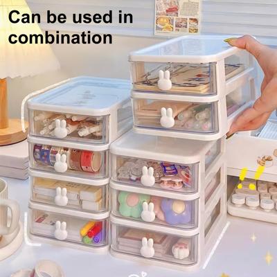 Storage Box Plastic Drawer Desk Organizer Clear Multi-Layer Desktop Storage Box with Bunny Handles Large Capacity Office Supplies