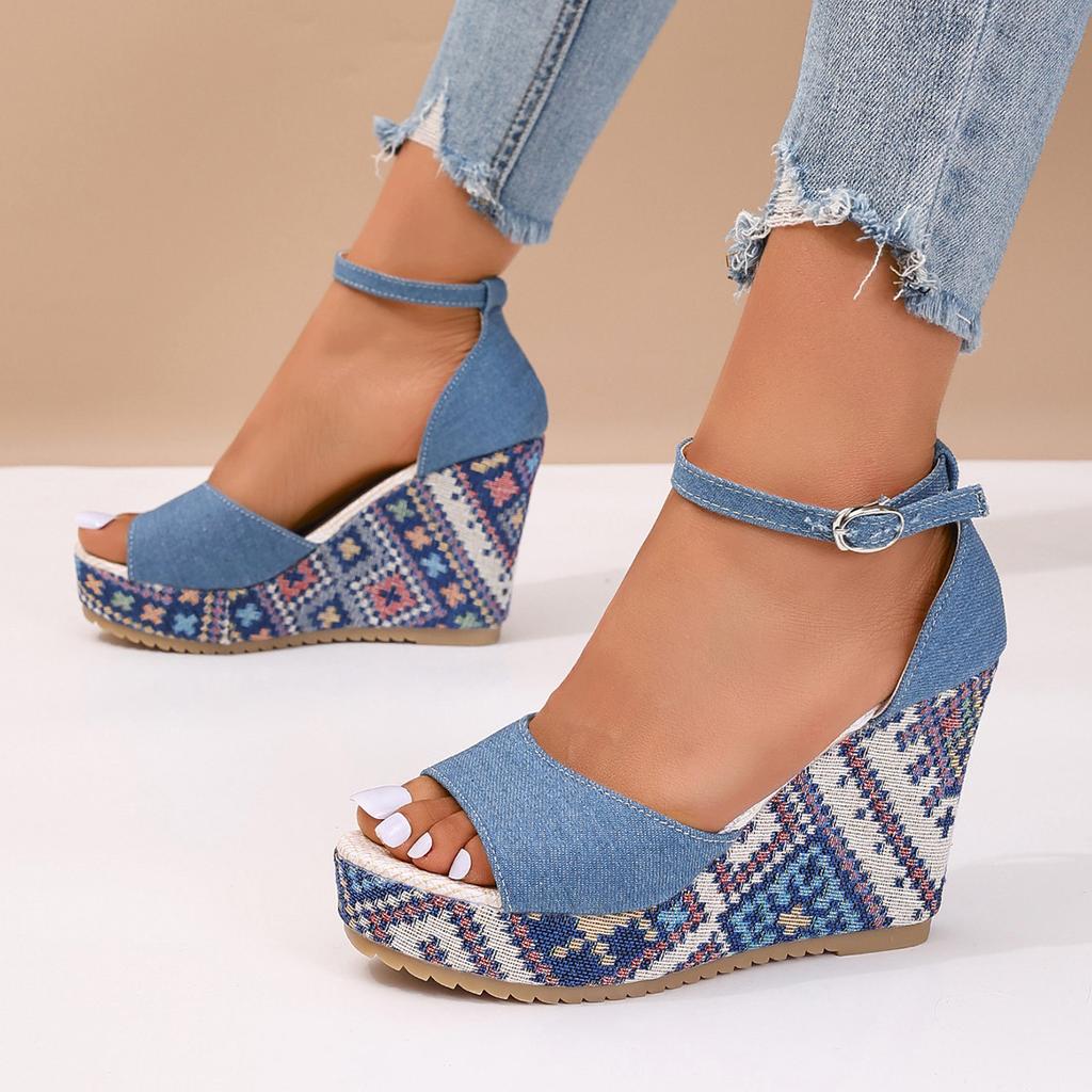 2025 Foreign Trade New European and American Style Denim Round Head Hollow One-word Buckle Weave Water Platform Muffin Bottom Slope Heel Sandals