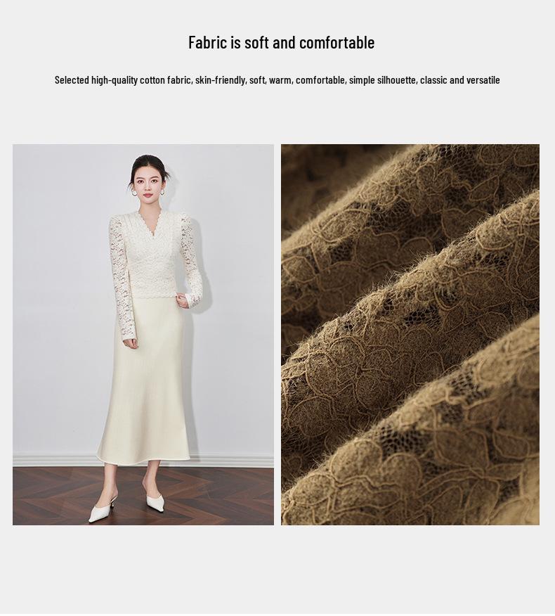 Elegant Slimming V-Neck Long Sleeve Knit Top with Fleece, Brushed Finish, and Lace Trim