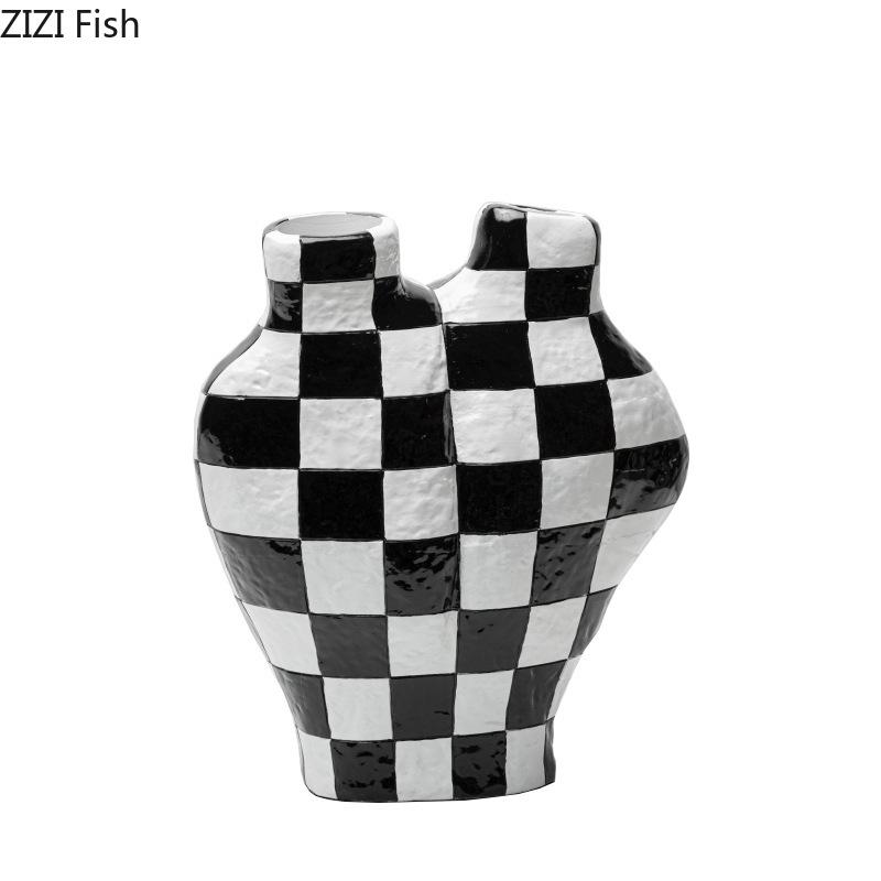 Black and White Check Texture Vase Desk Decoration Flower Arrangement Modern Crafts Irregular Shaped Vases Room Aesthetic Decor