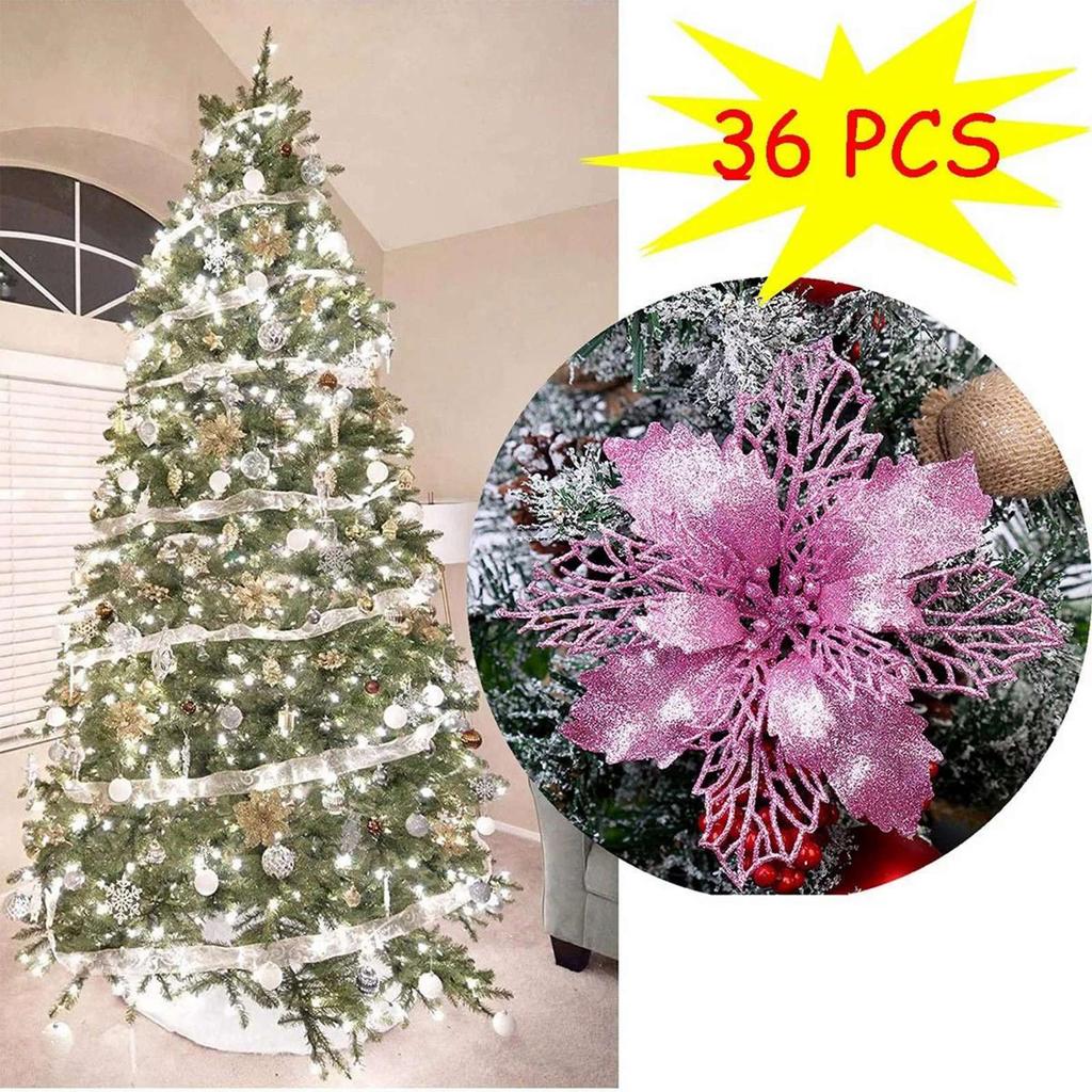 Set Of 36 Pcs Christmas Poinsettia Flowers Ornaments Glitter Floral Accessories Xmas Wreath Tree Decorations For Party Home Wedding