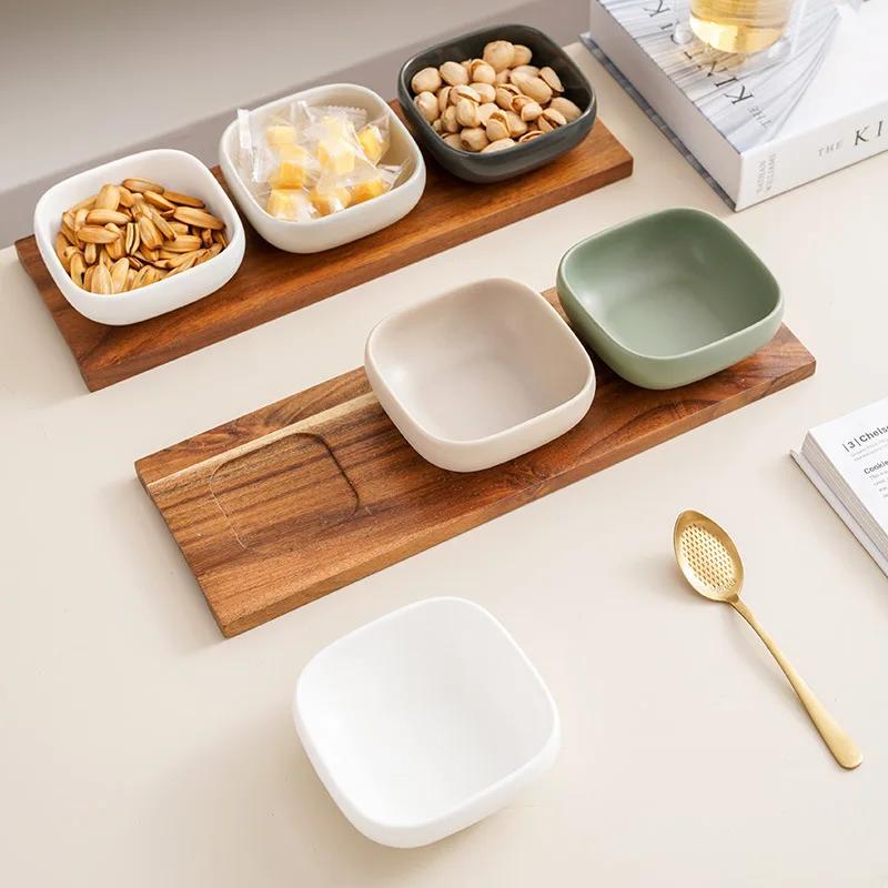 Nordic Simple Ceramic Snack Bowl 1-Piece Set Acacia Wood Tray Square Condiment Dish Set Household Kitchen Divided Sauce Dish