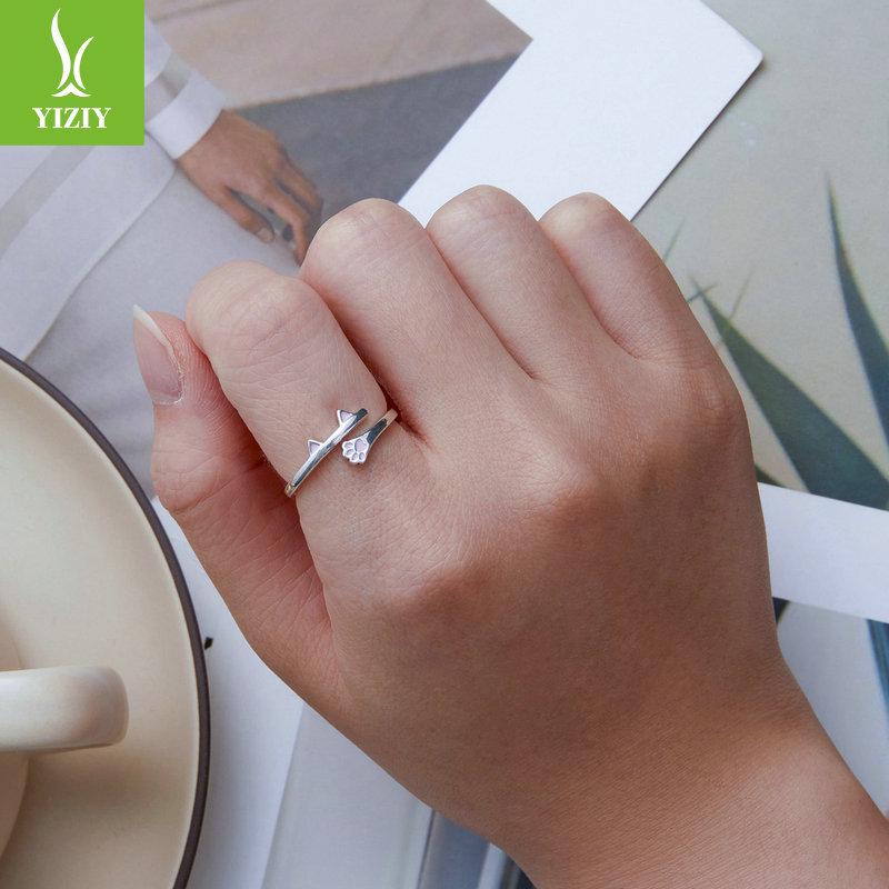 Ziyun S925 Silver Cat Open Ring with Pink Heart and Paw Print Design BSR316