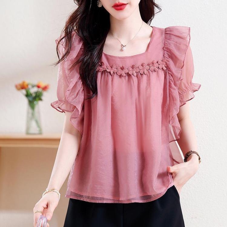 

Летняя женская футболка свободного кроя с короткими рукавами и блузкой с воланами XXXL розовый