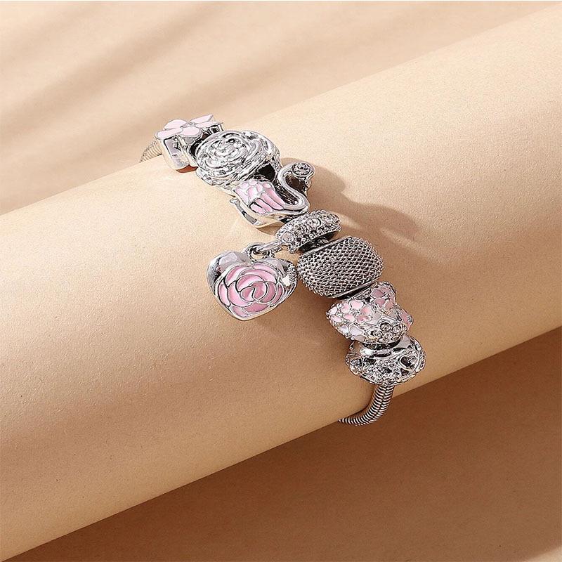 Handgefertigtes Perlen-Herz-Blütenblatt-Armband Emaille-Legierung Schwanen-Anhänger Blumenschmuck Geschenk für Sie