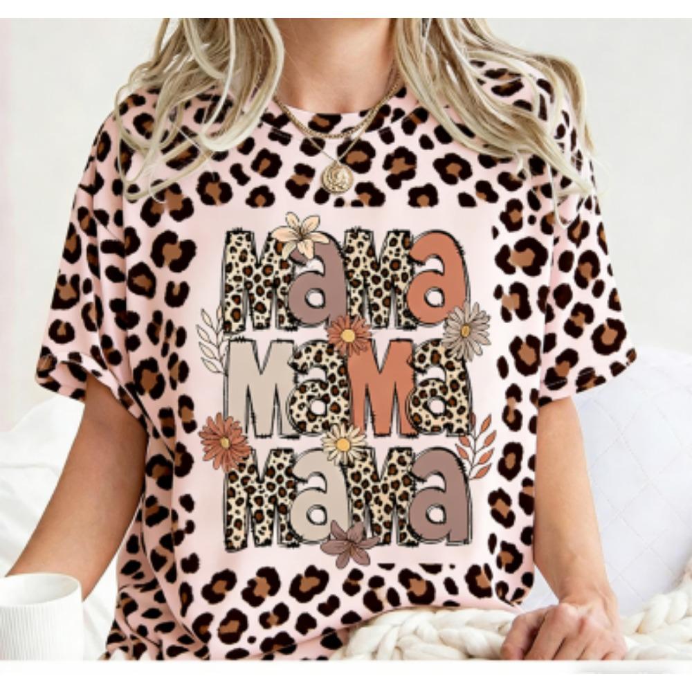 Funny Stripe Colorful Leopard Mama Print Women's Short Sleeves T-Shirt Loose Casual Summer Outdoor Street Women's Tees Tops