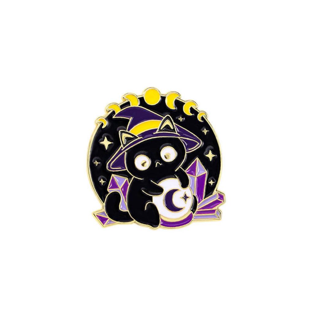 Creative Magician Cat Brooch for Kids Students Metal Badge Backpack Clothing Accessories Halloween Gifts