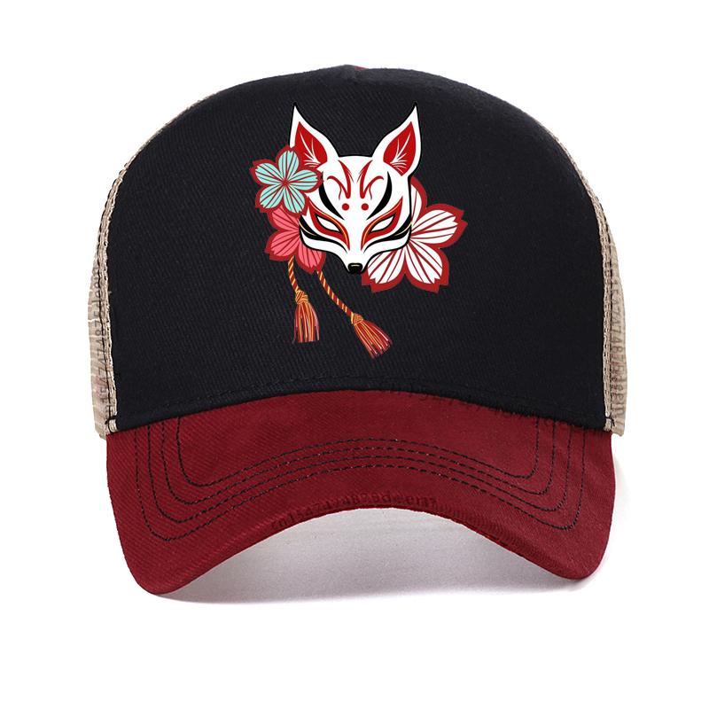 Japanese Aesthetic Kitsune Fox Mask Art Womens hat Hip Hop Trendy Fox Mask Baseball Cap Harajuku pop Mesh Trucker hats Adjustable красный