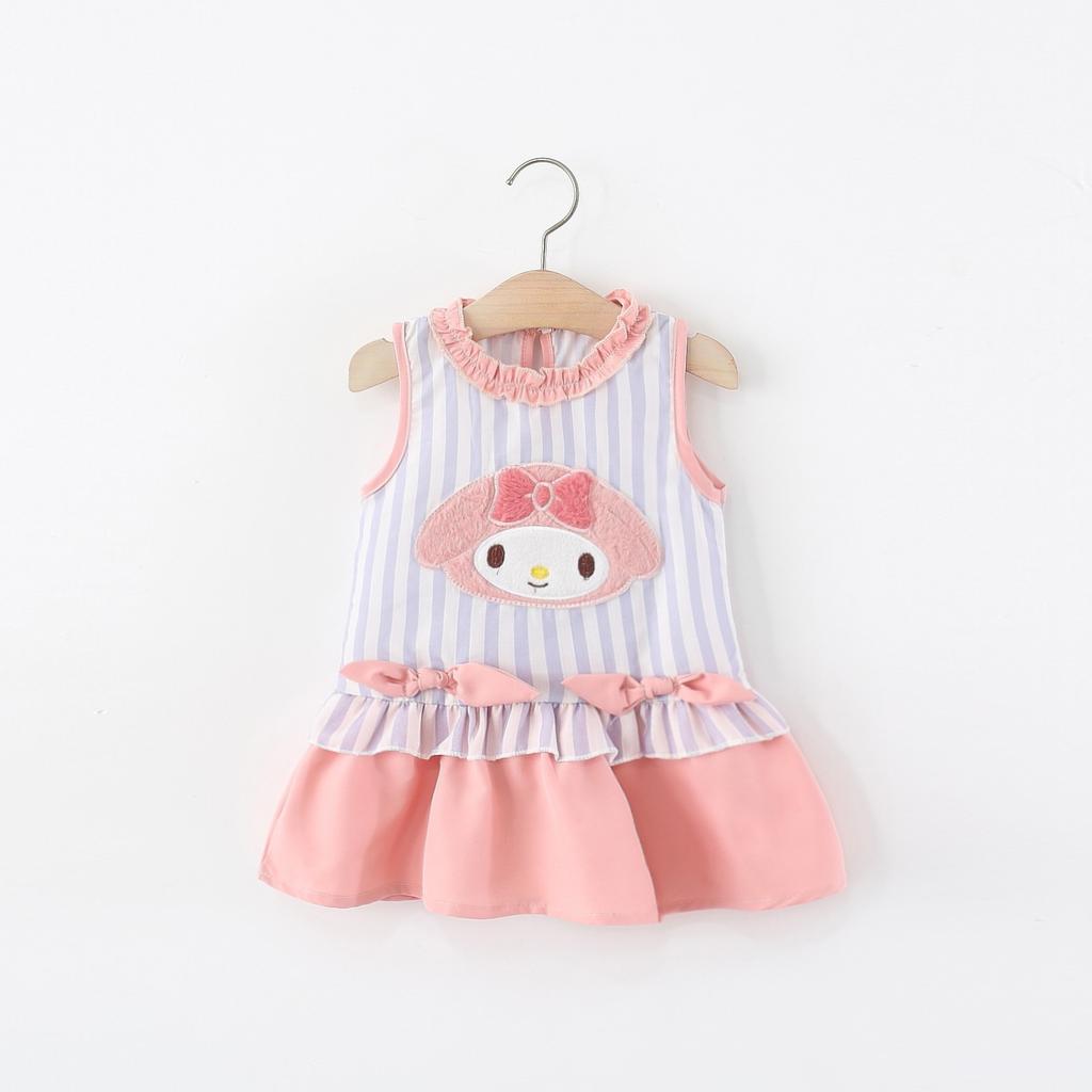 Girls Summer Striped Patchwork Dress with Cute Doll Print