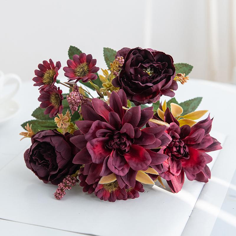 1 Stück Heißer Verkauf Kunstblume Seide Dahlie Rose Gänseblümchen Weihnachten Heimdekoration Bonsai Zimmer Hochzeit Brautstrauß Party DIY Box