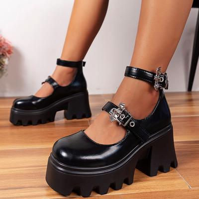Platform Women's Mary Janes Shoes for Women  Gothic Chunky Heels Pumps Round Toe Ankle Strap Pumps Shoes Big Size 43