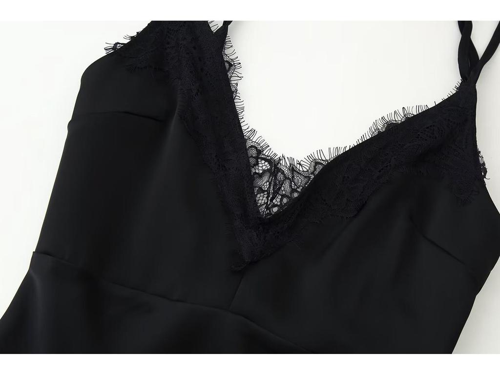 Spring 2026 European & American Style Lace Trim V-Neck Spaghetti Strap Dress for Women.
