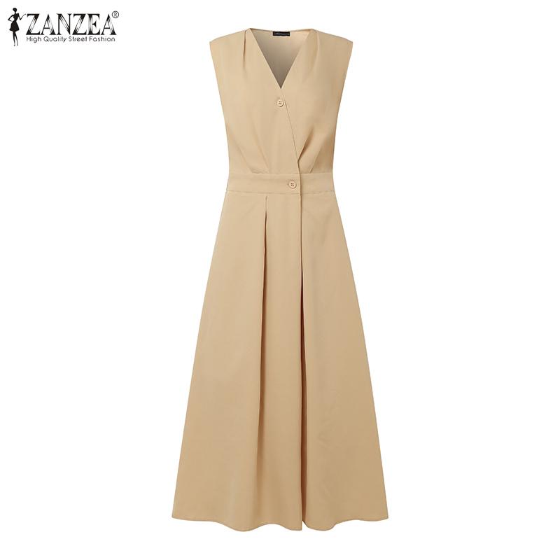 ZANZEA Womens Summer V-Neck Casual Sleeveless Long Dress