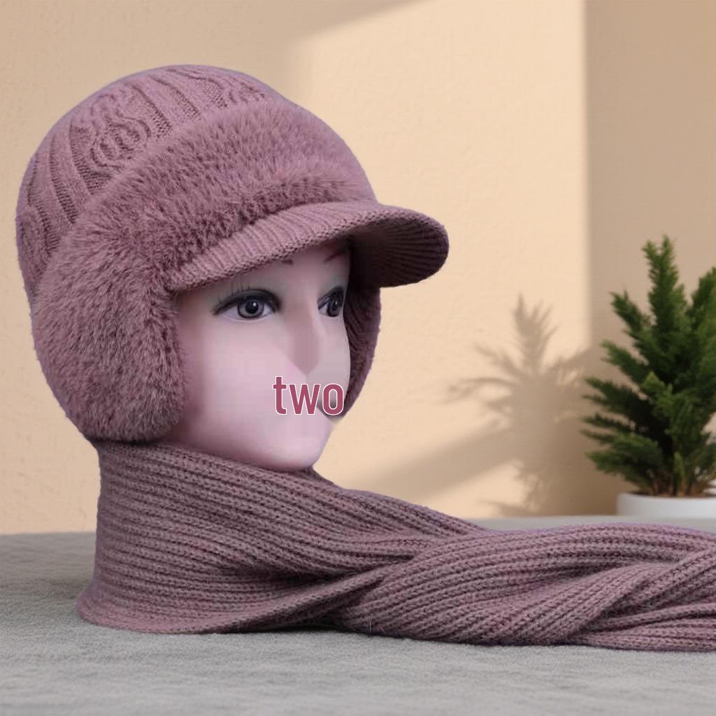 Women's Mink Velvet Winter Hat & Scarf Set - Warm Knitted Duckbill Cap with Ear Protection for Middle-Aged & Elderly.