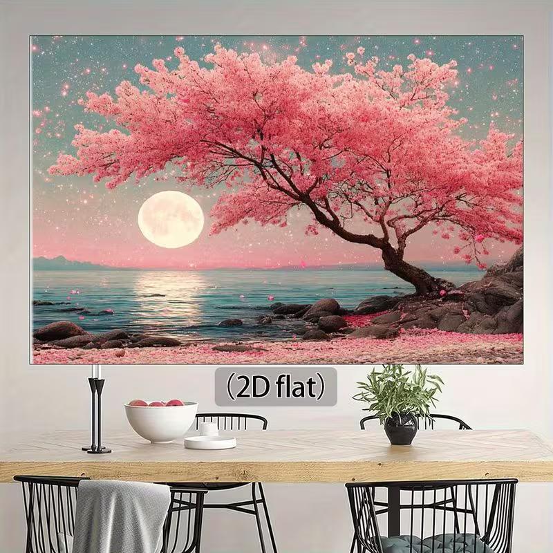 2D Sakura Moon Backdrop, Cherry Blossom Tree Photography Background 47.2x31.5inch/120*80cm