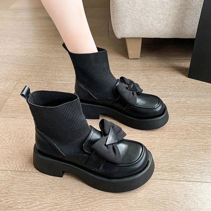 Вязаные эластичные короткие сапоги в британском стиле женские универсальные ботинки на плоской подошве с бантом юбкой и носками 2021 г 40 чёрный 3119₽