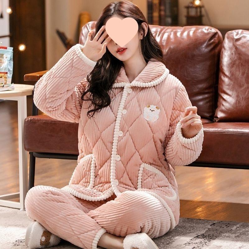 Pajamas women's winter warm winter fleece thickened coral fleece three layers of cotton autumn and winter women's loungewear