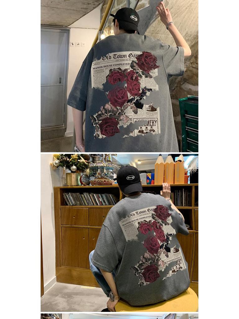 Herren Oversized T-Shirt mit Rosenprint im Retro-Stil – Neuer trendiger Sommerstil