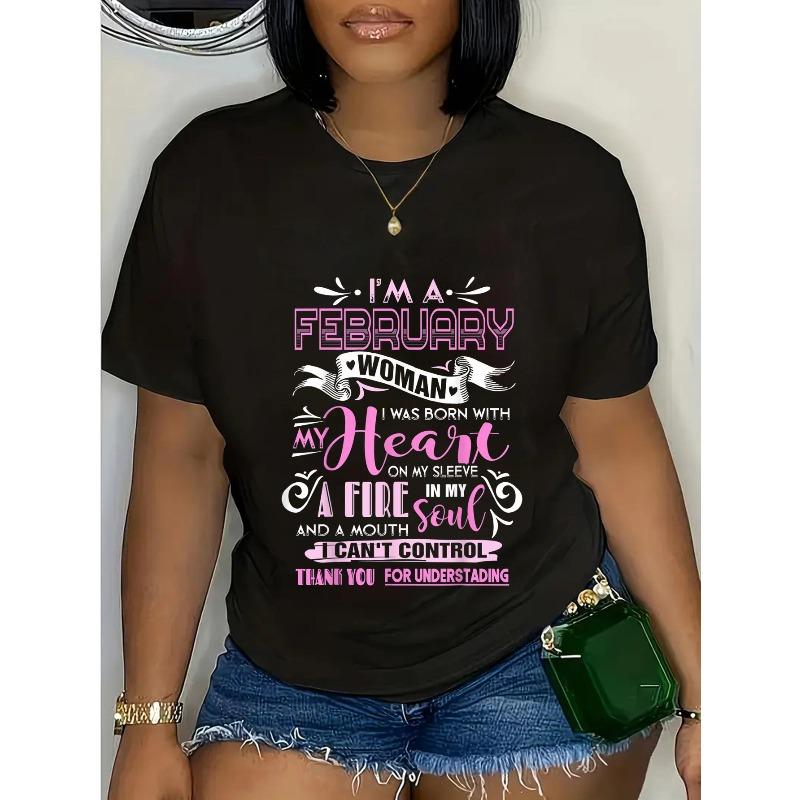 Plus Size, Plus Size I Am A February Woman Birthday T-Shirt - Black with Pink Lettering & Heartfelt February Birth Month Message, S чёрный