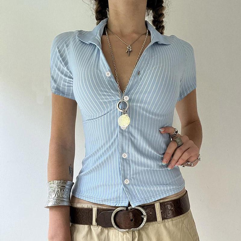 Sweetown Blue Stripe Short Sleeve Shirts For Women Button Up Turn Down Collar Slim Simple Casual Preppy Tops Basic Summer Tees