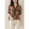 Summer V-neck Vintage Printed Loose Casual Diamons Shirt Women Oversized All-match Fashion Pullover Blouse Lady Short Sleeve Top