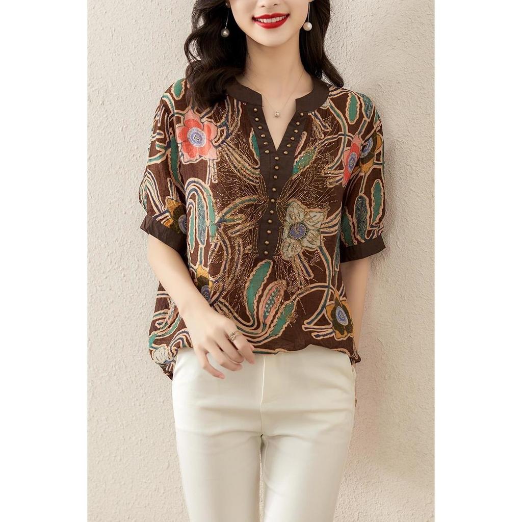 Summer V-neck Vintage Printed Loose Casual Diamons Shirt Women Oversized All-match Fashion Pullover Blouse Lady Short Sleeve Top